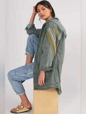 Anthropologie Pilcro Utility Anorak Jacket Embroidered Green Cotton Coat Small